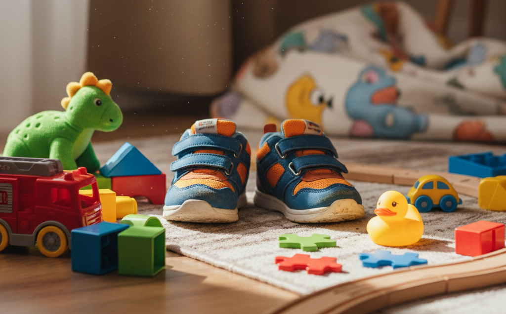 children's shoes surrounded by toys