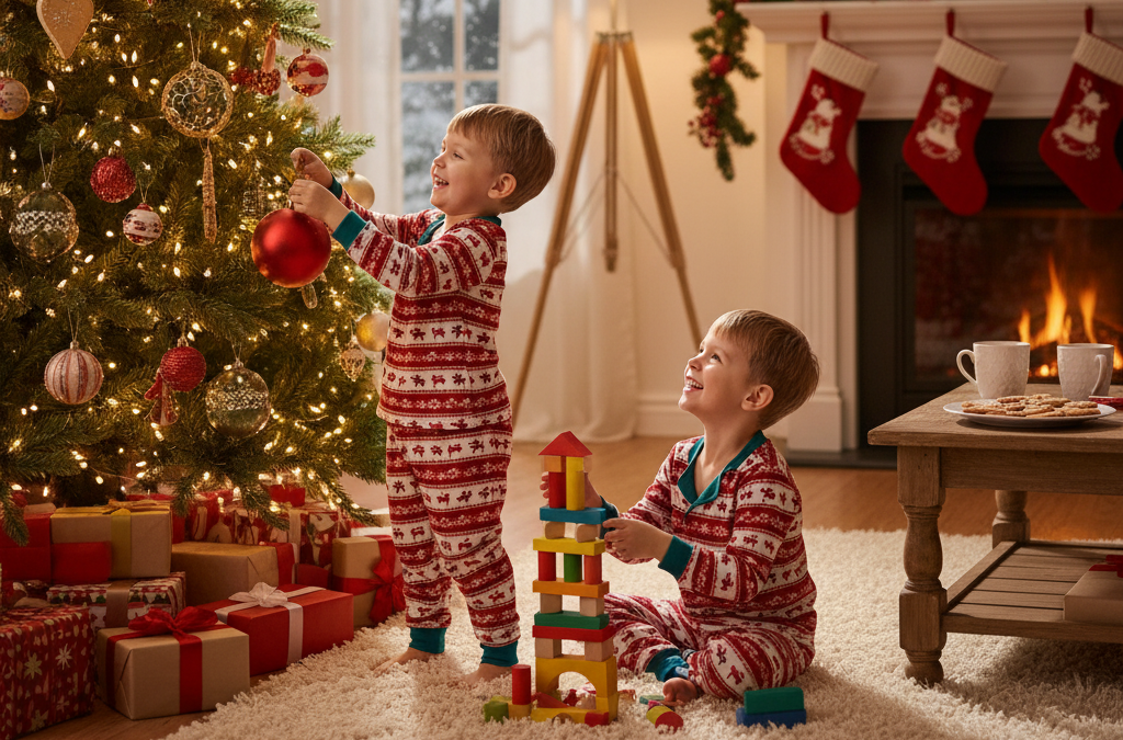 brothers wearing christmas pajamas playing