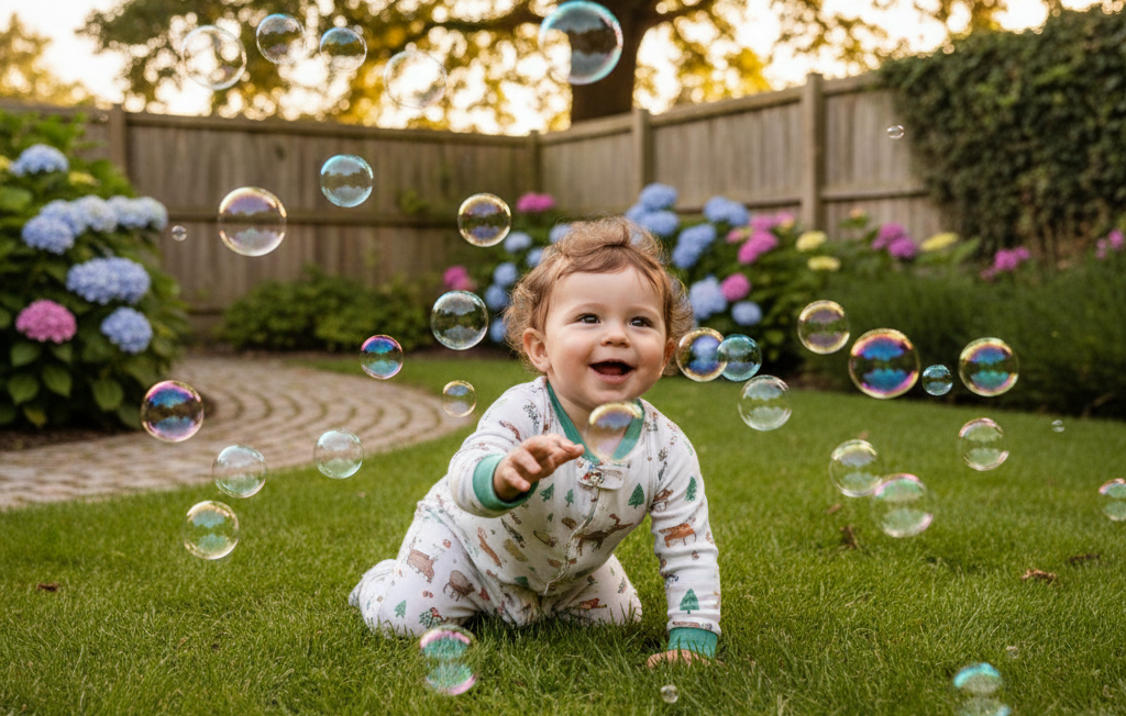 baby playing in pajamas